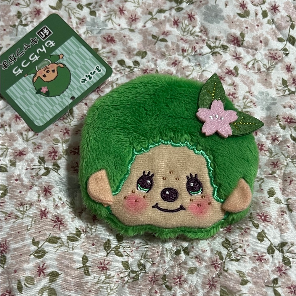 Matcha Monchhichi Character  Coin Pouch with Sakura Leaf Accent